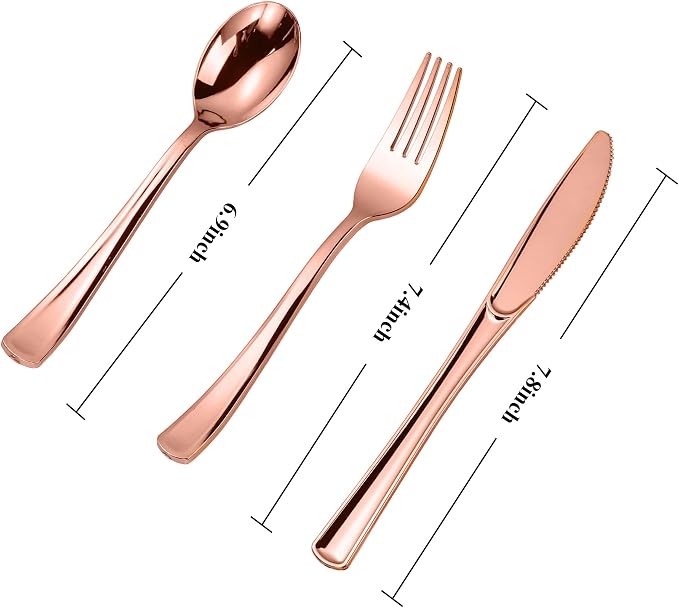 300PCS Rose Gold Plastic Silverware, Disposable Cutlery & Utensils | Heavy Duty - Image 2