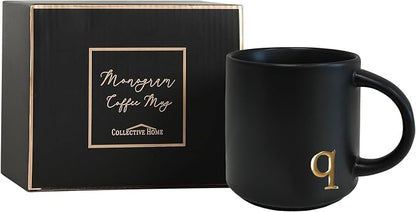 COLLECTIVE HOME Black Ceramic Coffee Mug, 15 oz Golden Monogram Tea Cup | - Image 3