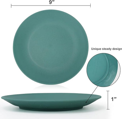 Flat Dinner Plates Set of 8 Alternative for Plastic Plates Microwave and Dishwasher Safe Wheat Straw Plates for Kitchen Unbreakable Kids Plates(Green,9 inch)