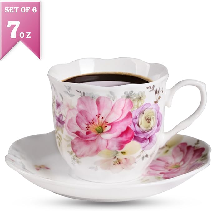 GuangYang 7 oz Porcelain Tea Cups and Saucers Set of 6, Cappuccino, - Image 3