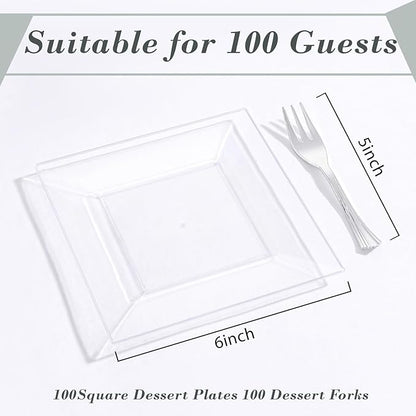 supernal 200pcs Clear Dessert Plates with Silver Dessert Fork, Clear Square Plates, Appetizer Plates,Silver Plastic Silverware, Perfect Choice for Wedding and Party
