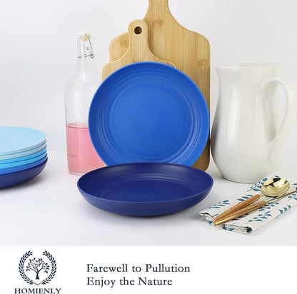 Homienly Salad Plates 10 Inch Unbreakable Wheat Straw Plates Dinner Plates Set of 8 Microwave Safe Plates for Kitchen Dishwasher Safe Plastic Plates Alternative for Picnic,Camping,RV (Blue Series)