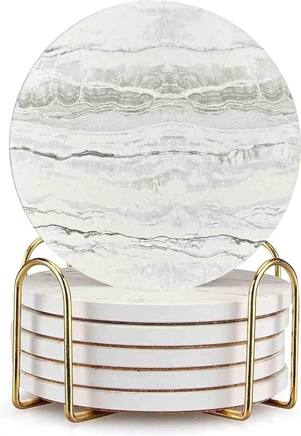 Drink Coasters with Holder 6 Pack, Ceramic Marble Style, Absorbent Abstract by Brillirare