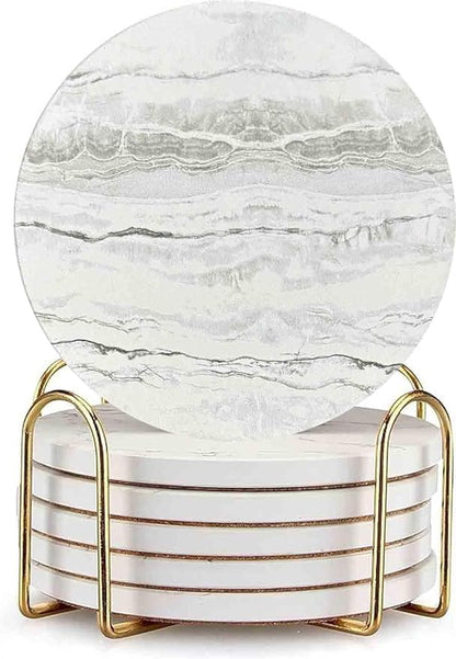 Drink Coasters with Holder 6 Pack, Ceramic Marble Style, Absorbent Abstract by Brillirare
