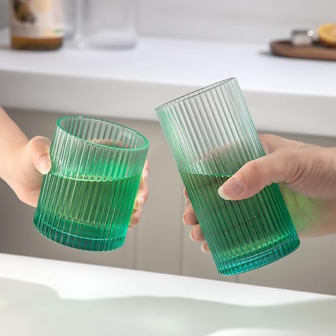 Ribbed Drinking Glasses 8pcs, 12oz and 10oz Glassware, Tumbler Glasses Cup Set - Image 4