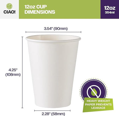 CIAO! 12oz White Paper Hot Cup, Disposable, 80mm Diameter 500 Count