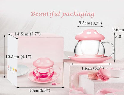 Mushroom Tea Cup Set, Cute Glass Tea Cups and Saucers, Kawaii Teacup - Image 6