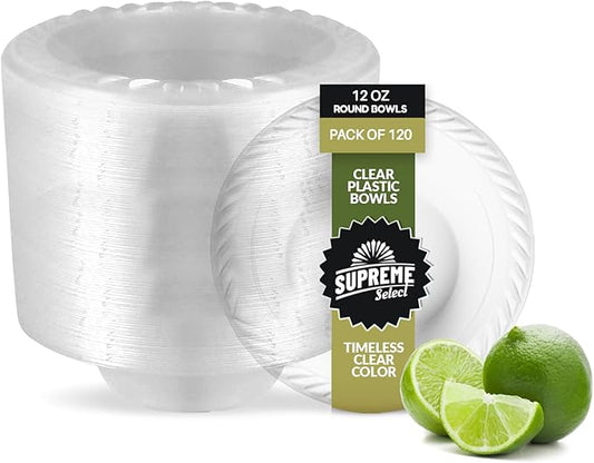 Clear Disposable Plastic Bowls [Pack of 120 | 12 Oz Bowls] Microwave Safe Disposable Bowls- Sturdy Rimmed Soup/Salad/Dessert/Ice Cream Bowls For Weddings, Parties, Kitchen Use