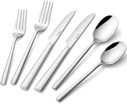 KINGSTONE Silverware Set with Steak Knives, 24-Piece Forged Flatware Set Cutlery Set Premium Stainless Steel, Service for 4, for Kitchen, Home, Wedding, Party, Mirror Polished and Dishwasher Safe