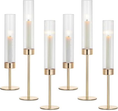 Hewory Gold Taper Candle Holders: Candlestick Holders Set of 6 Hurricane Glass Tall Candle Holder for Candlesticks Candle Sticks Holder Decor for Table Centerpiece Wedding Party Christmas Decorations
