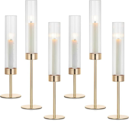 Hewory Gold Taper Candle Holders: Candlestick Holders Set of 6 Hurricane Glass Tall Candle Holder for Candlesticks Candle Sticks Holder Decor for Table Centerpiece Wedding Party Christmas Decorations