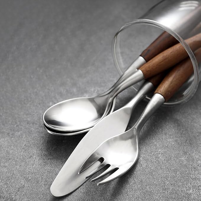 5-Piece Teak Retro Nordic 304 Stainless Steel Flatware Set – Elegant Silverware - Image 4