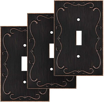 French Cabriole Decorative Wall Plate Switch Plate Outlet Cover (Single Toggle, 3 Pack, Aged Bronze)
