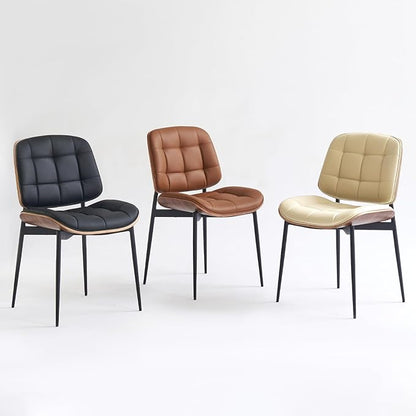 Mid Century Modern Dining Chairs with Walnut Grain Back, Brown Faux Leather Dining Room Chairs Set of 2, Checkered Soft Cushion Kitchen Chairs with Adjustable Foot Pads