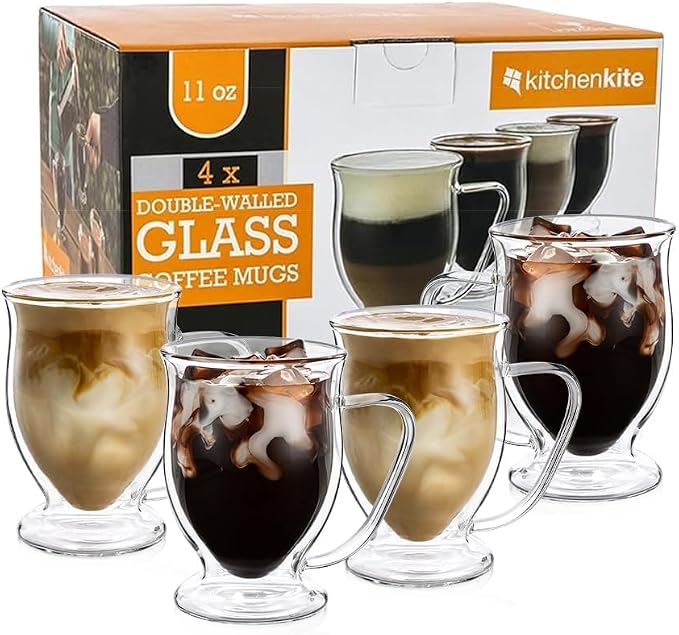 Kitchen Kite Double Wall Glass Coffee Mugs 11oz Set of 4, Insulated - Image 2