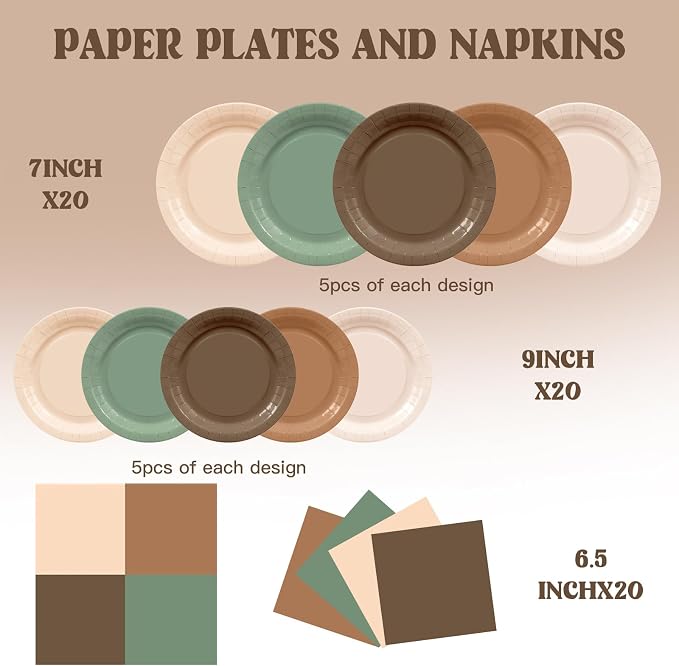 60Pcs Woodland Plates and Napkins Party Supplies, Serves 20 | Sage Green and - Image 2