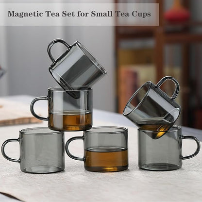 Kung Fu 6 Pcs Small Glass Tea Cup + Holder Set in Smoky Gray, Bamboo Wood - Image 6