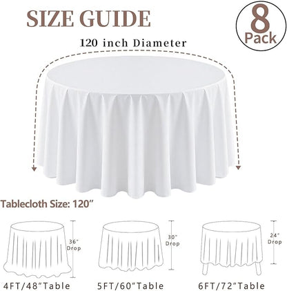 8 Pack Round Tablecloth 120 Inch Cloth White Tablecloth for Round Tables, Washable Polyester Table Cloth Stain and Wrinkle Resistant Decorative Table Cover for Wedding Party Dining Banquet