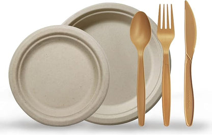 PAMI 250-Piece Compostable Degradable Tableware Eco Set Disposable Sugarcane Plates, Cutlery & Cups Heavy-Duty Eco Dinnerware