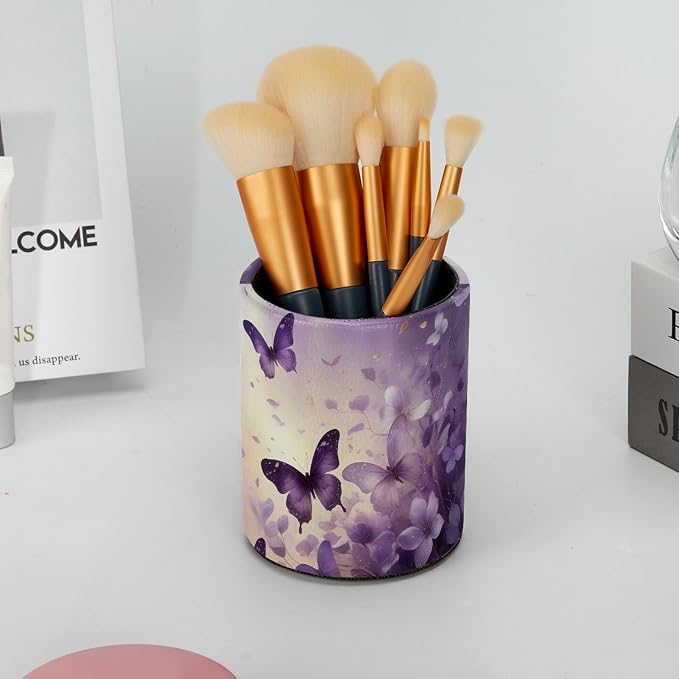 Leather Pen Holder for Desk, Butterfly Floral Pencil Cup Pen Organizer Makeup - Image 6