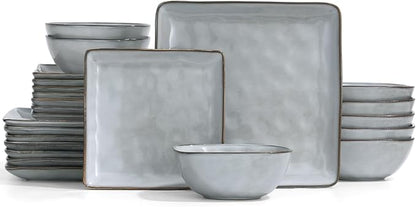Famiware Dinnerware Sets for 8, Ocean Square 24-Piece Kitchen Plates and Bowls Sets, Microwave and Dishwasher Safe, Scratch Resistant, Grey