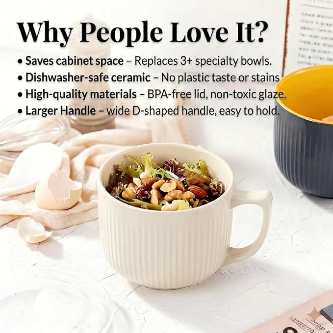 Ceramic Soup Bowl with Handle & Lid, Large 32oz Microwave Ramen Bowl White | - Image 7