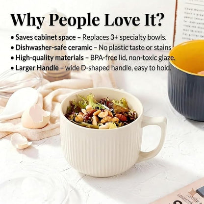 Ceramic Soup Bowl with Handle & Lid, Large 32oz Microwave Ramen Bowl White | - Image 7
