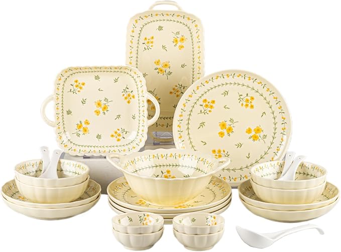Ceramic Dinnerware Set, Floral Plates and Bowls Sets, Microwave & Dishwasher by FANGJING
