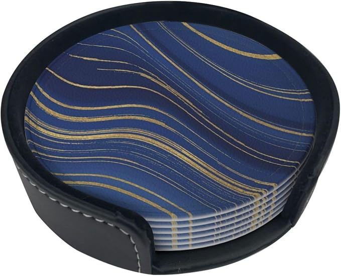 6 Pcs Abstract Geometric Navy Blue Marble Gold Stripes Leather Coasters - Image 2