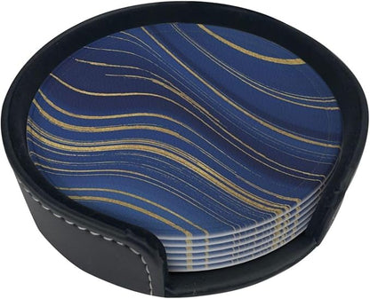 6 Pcs Abstract Geometric Navy Blue Marble Gold Stripes Leather Coasters - Image 2