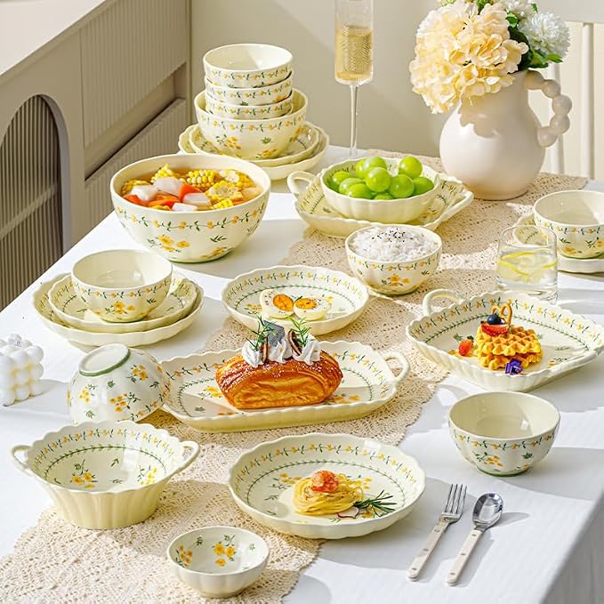 Ceramic Dinnerware Set, Floral Plates and Bowls Sets, Microwave & Dishwasher - Image 5