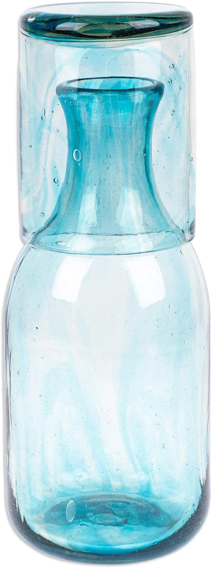 NOVICA Artisan Handblown Recycled Glass Carafe Aqua Cup Clear Green Mexico - Image 3