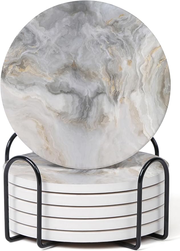 Set of 6 Abstract Gray White Marble Coasters by Hoomey
