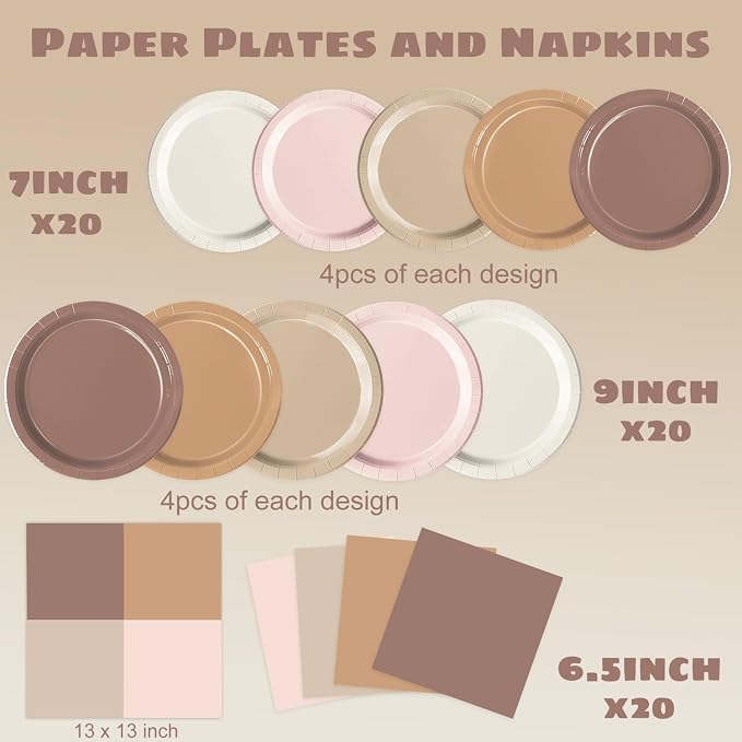 Oigco 60 PCS Brown Paper Plates Boho Baby Shower Decorations Gradient Brown - Image 2