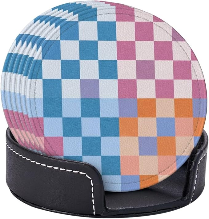Colorful Blue and Purple Checkered Leather Coasters Set of 6 - Image 8
