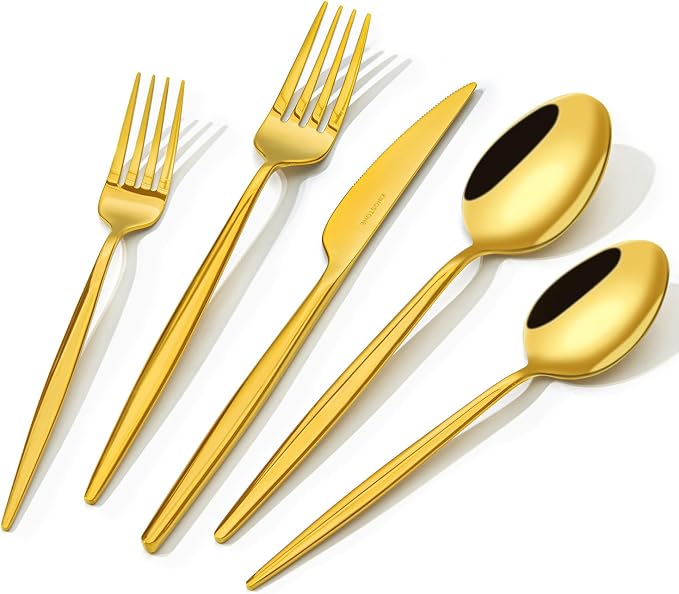 18/10 Silverware Set for 12, 60 Piece Gold Stainless Steel Flatware Cutlery | by KINGSTONE