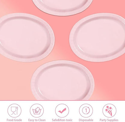 Grencian 50Pcs Pink Oval Paper Plates 10" x 12" Large Disposable 400GSM Heavy Duty Light Pink Paper Plates for Valentine's Day Girls Women Birthday Wedding Bridal Shower Baby Shower Party Supplies