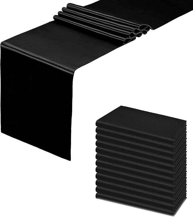 Black Table Runners, 12x108 Inches, 12 Pack | Satin Seamless, Silk and Smooth by HMQIANG