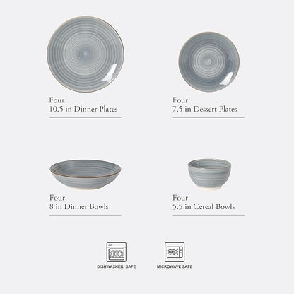Gibson Home Stonebury 16 Piece Plates and Bowls Blue Dishes - Handpainted Stoneware Dinnerware Set - Service for 4