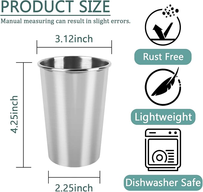 4 Pack Stainless Steel Cups, 12oz Stainless Steel Drinking Glasses, Metal Cups - Image 2