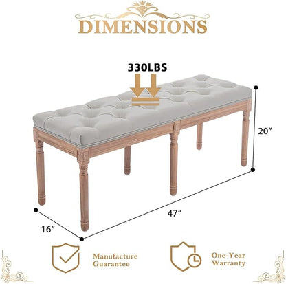 Bonzy Home 47” Bedroom Bench,French Vintage Tufted Entryway Benches Upholstered Dining Benches with Cushion,Linen Fabric End of Bed Bench for Bedroom Living Room Entryway, Gray