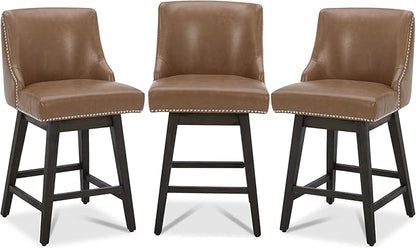 CHITA Counter Height Swivel Bar Stools Set of 3, FSC Certified Upholstered Counter Stools, Modern Swivel Barstools with Wood Legs for Kitchen Island, 26" Seat Height, Faux Leather in Saddle Brown