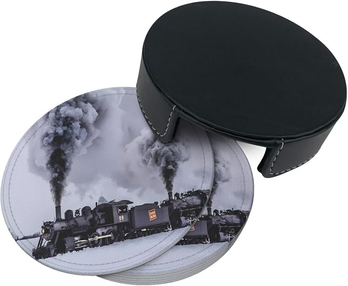 6 Pcs Winter Train Braving Smoke On Black Railroad Tracks Leather Coasters - Image 5