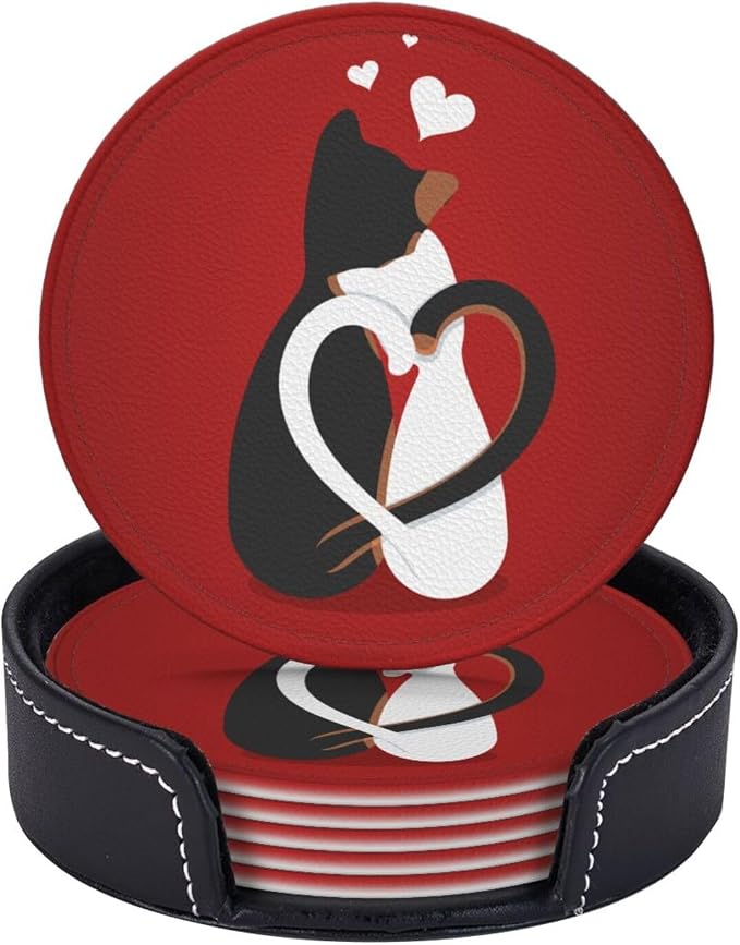 Drink Coasters with Holder Stand Set of 6, Valentine's Day Cat Pu Leather by Unknown