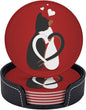 Drink Coasters with Holder Stand Set of 6, Valentine's Day Cat Pu Leather by Unknown