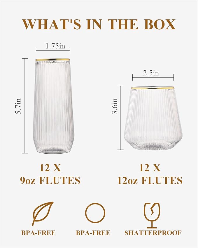 BESTSTAR 24 Pack Gold Rim Plastic Ribbed Origami Ripple Plastic Glasses | 12 9 - Image 3