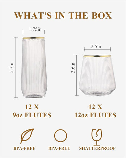 BESTSTAR 24 Pack Gold Rim Plastic Ribbed Origami Ripple Plastic Glasses | 12 9 - Image 3