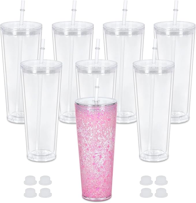 24 Oz Acrylic Snowglobe Tumbler, 8 Pack Pre-Drilled Double Wall Acrylic Clear by Maucircol