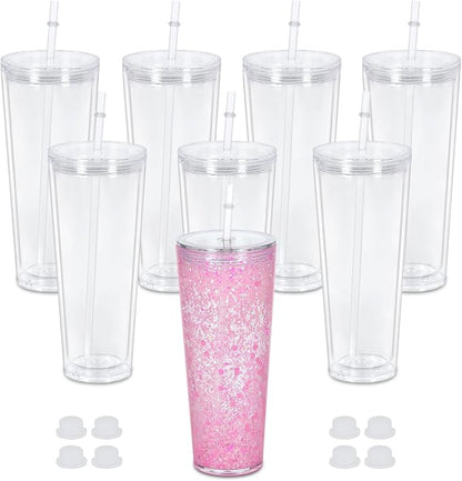 24 Oz Acrylic Snowglobe Tumbler, 8 Pack Pre-Drilled Double Wall Acrylic Clear by Maucircol