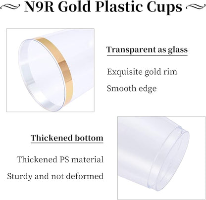 N9R 72PCS Gold Plastic Cups, 12OZ Clear Plastic Cups with Gold Rim, Disposable Cups Perfect for Parties, Wedding and Birthday